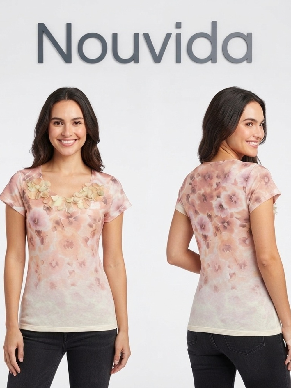 Nouvida Semi Opaque Floral Petal Neckline Ombré Pink Top Small